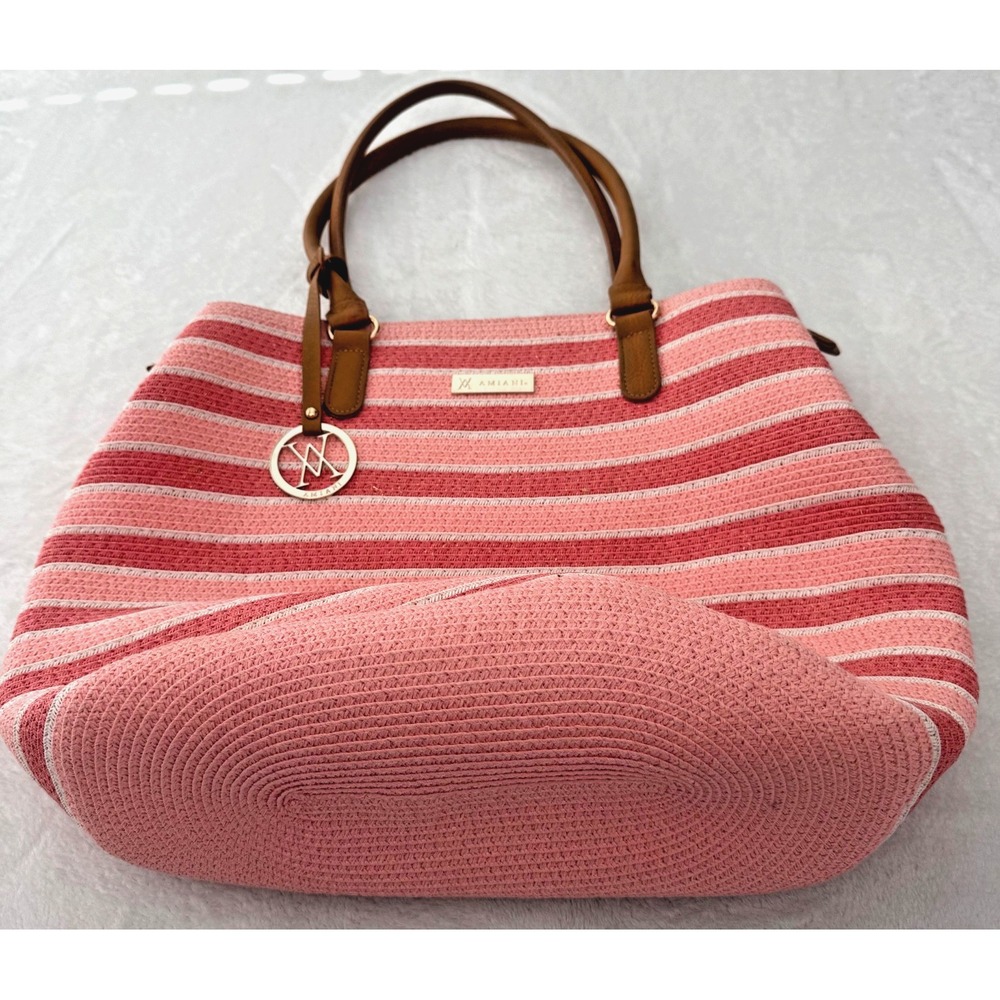 Amiani Pink Beach Bag Tote Zipper Closure Stripped Handbag Gold Shimmer - Picture 10 of 15